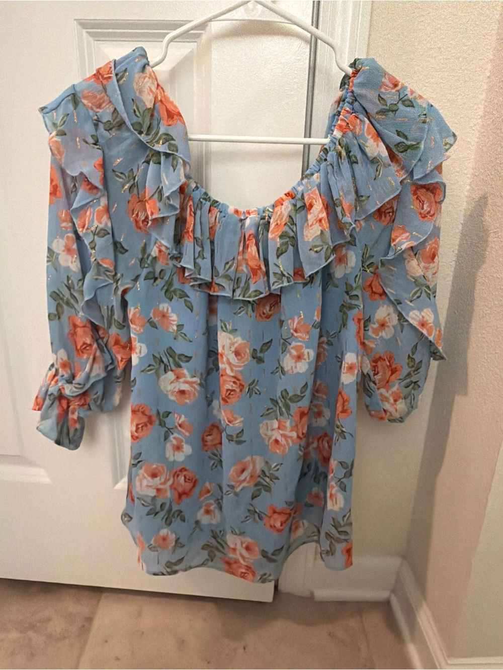Blue Floral Ruffle Off-Shoulder Blouse